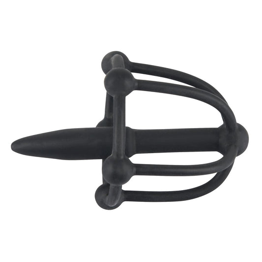 Silicone penis plug with a glans cage for cock and ball bondage play