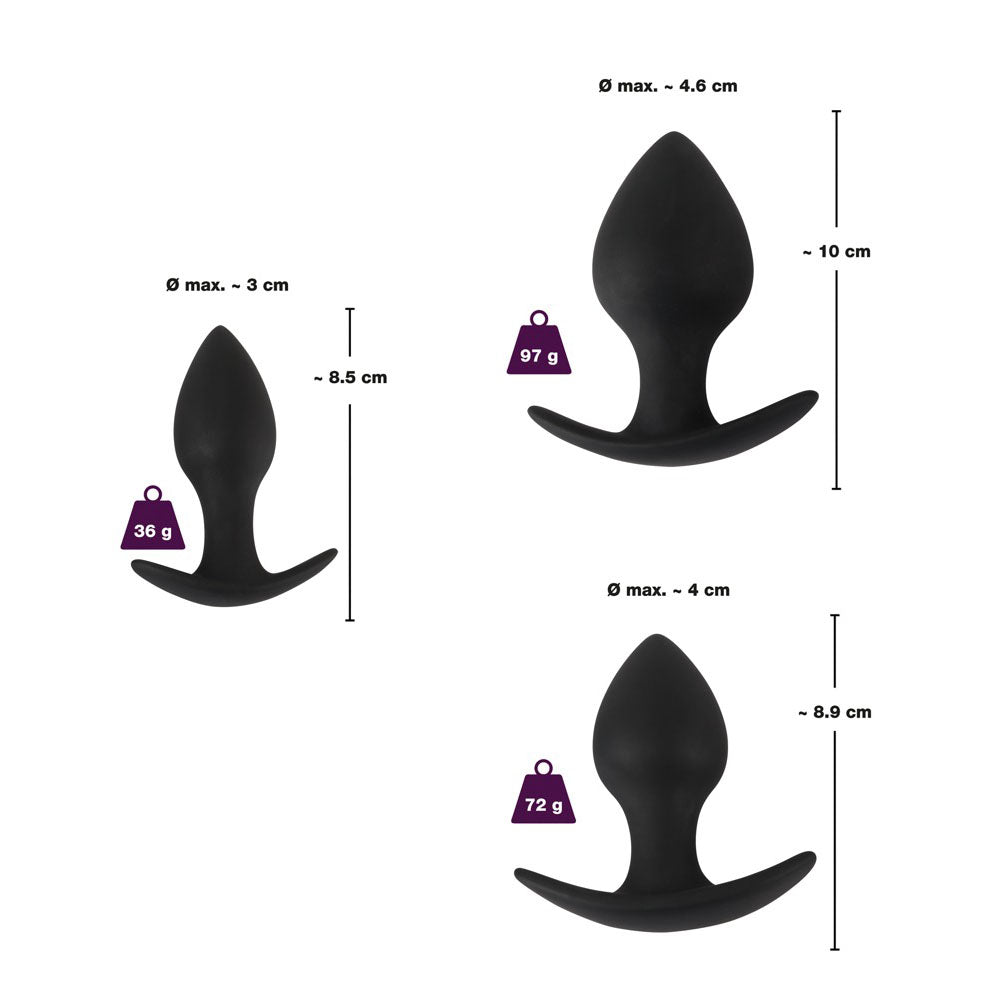 You2Toys black velvet silicone anal training set with graduated sizes of butt plugs.
