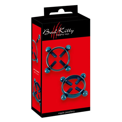 A blue, jewelled nipple ring from bad kitty, a piece of body jewellery.