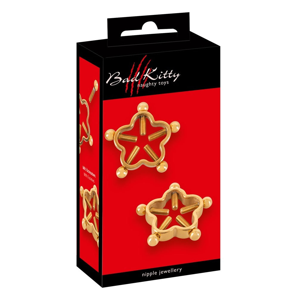 Bad Kitty nipple jewellery: golden flower design for body piercing, close-up view