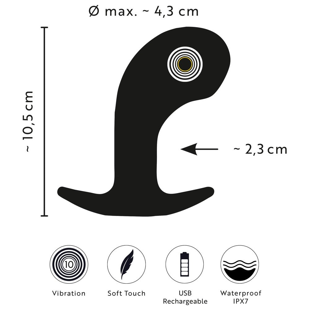 A silicone prostate massager, a larger head at the base, for internal stimulation.