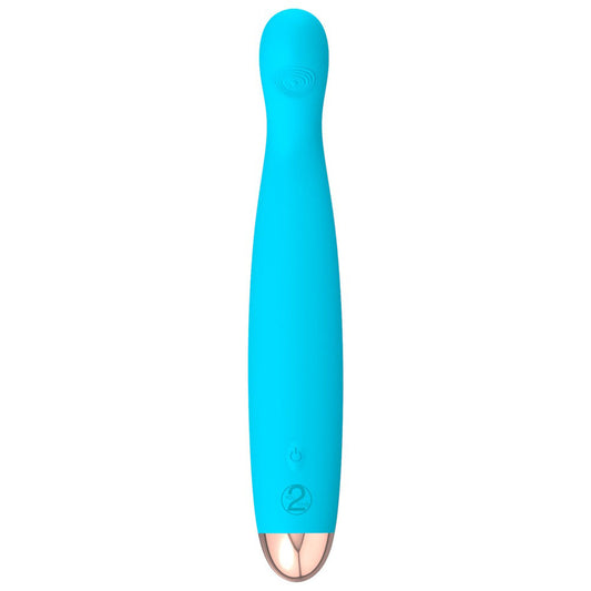 A small, smooth, and rechargeable blue vibrator from You2Toys, with a silk touch finish.