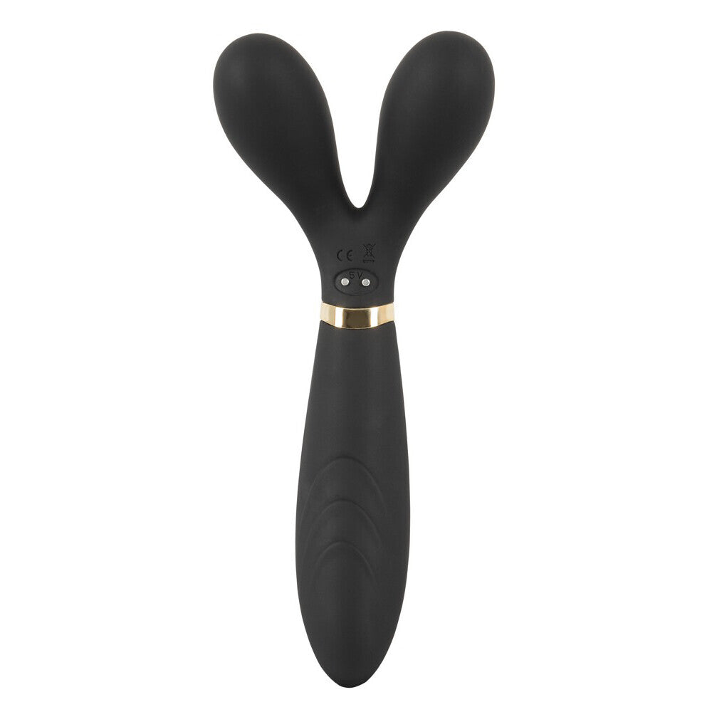 Couple's vibrator, a pink and purple sex toy with textured silicone for mutual pleasure.