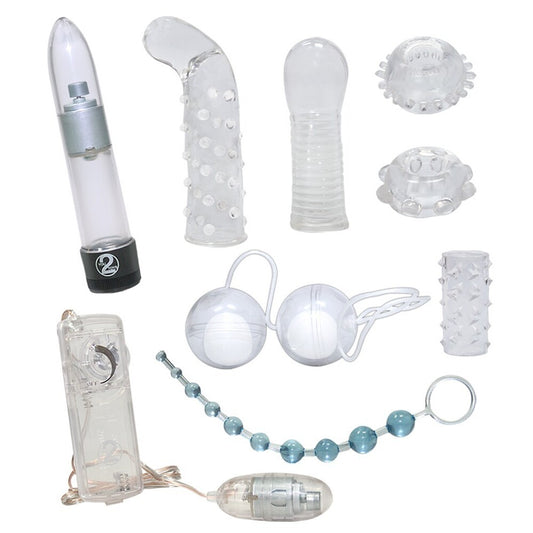 You2Toys crystal clear sex kit featuring transparent dildos and pleasure accessories for intimate exploration.
