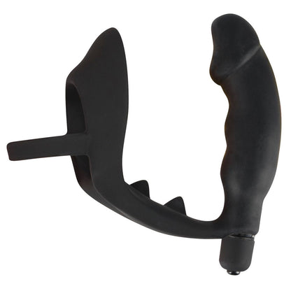 A black velvet cock ring paired with a vibrating anal plug for prostate massage.