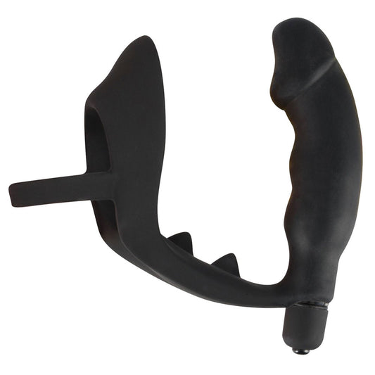 A black velvet cock ring paired with a vibrating anal plug for prostate massage.