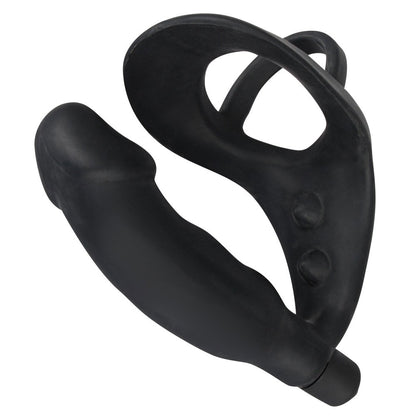 black velvet cock ring paired with a vibrating anal plug for prostate stimulation