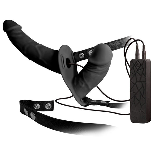 Double-ended vibrating dildo with harness, a versatile strap-on toy for partnered pleasure.