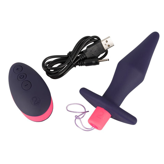 A rechargeable vibrating butt plug in sleek black, controlled by a handy remote.