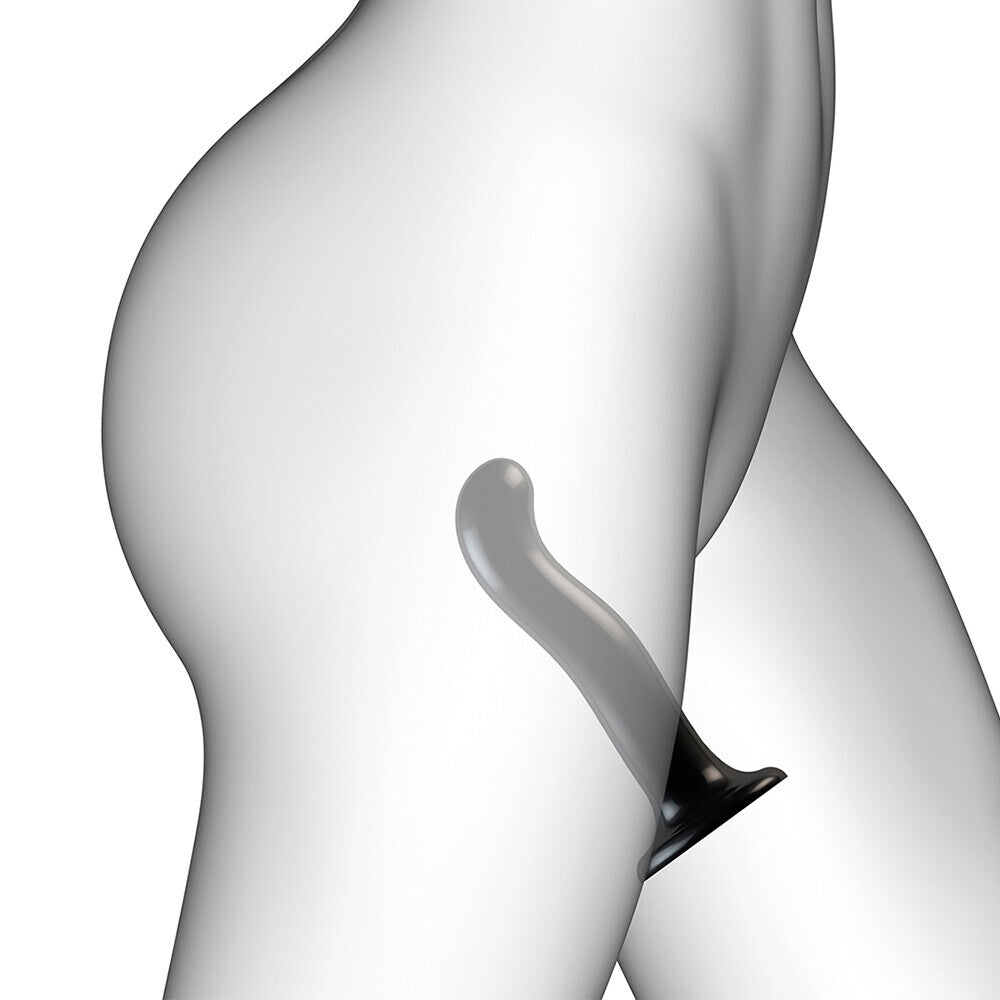 Black curved prostate and g-spot dildo, designed for strap-on use, medium size.