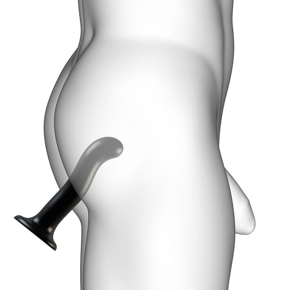 Large, black, curved dildo for prostate and g-spot stimulation, designed for strap-on use.