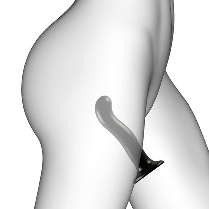 Large, curved black dildo with a g spot and prostate massager for strap-on harnesses.