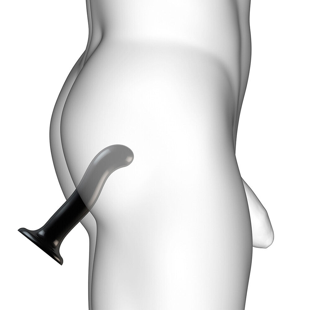 Black, extra large, curved dildo designed to stimulate the prostate and g spot.