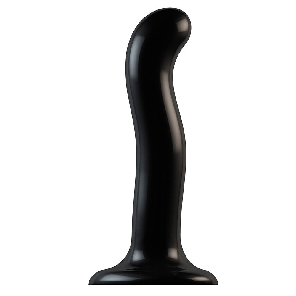 Black, small, curved prostate and g-spot dildo; ideal for strap-on use.