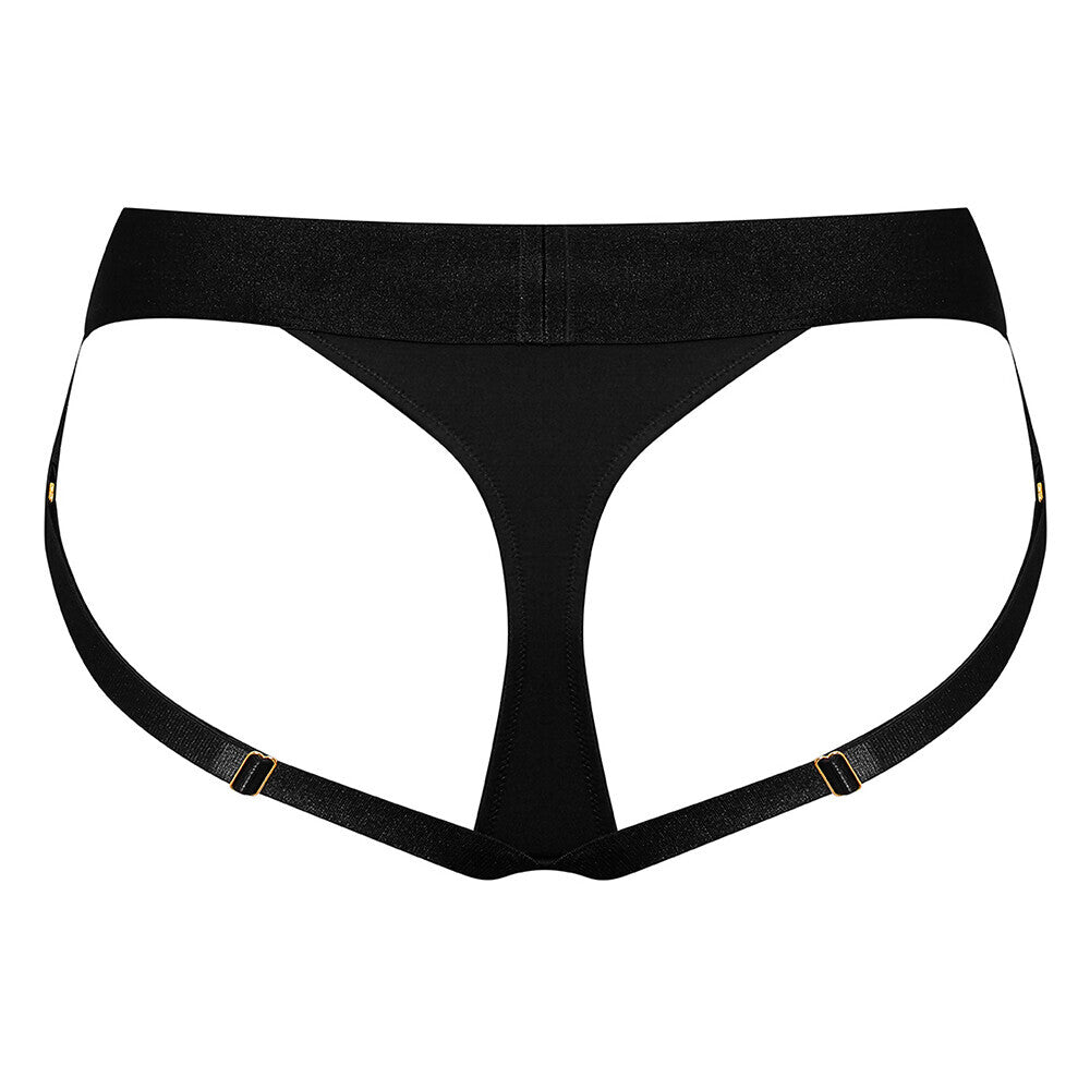 Strap-on dildo harness lingerie in black, small size. An empowering choice for intimate exploration.