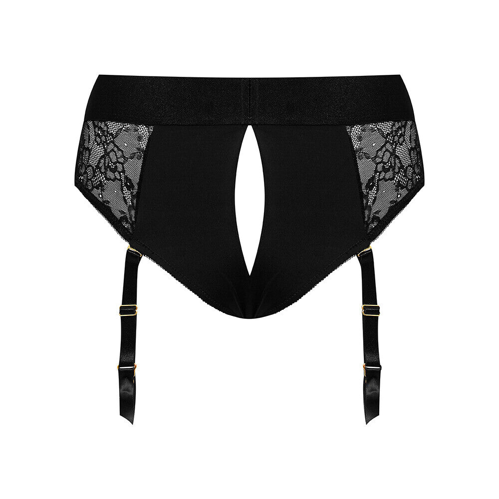 Small black 'diva' harness lingerie with strap for a strap-on dildo attachment.