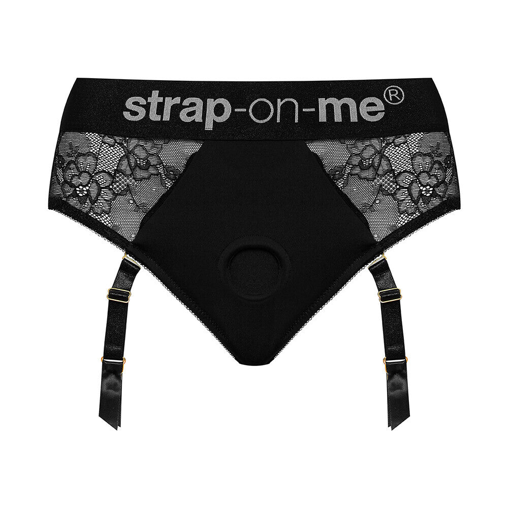 Large black adjustable 'strap on me' harness lingerie set with silver hardware.