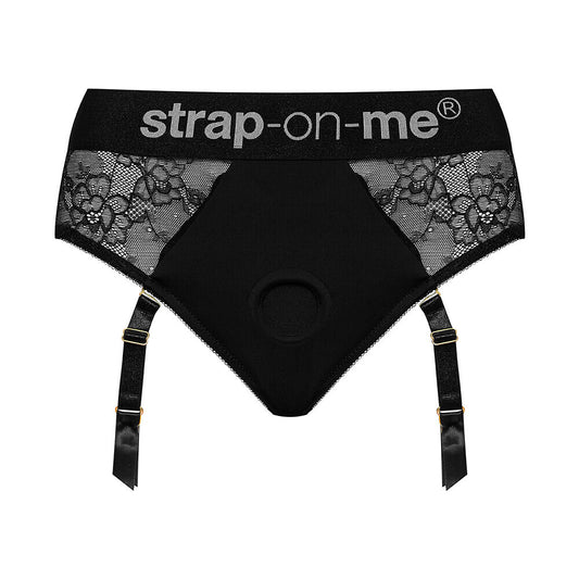 Large black adjustable 'strap on me' harness lingerie set with silver hardware.