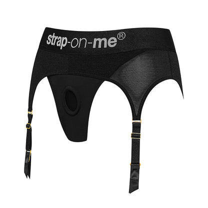 Small black 'rebel' style harness lingerie with strap for attaching a dildo.
