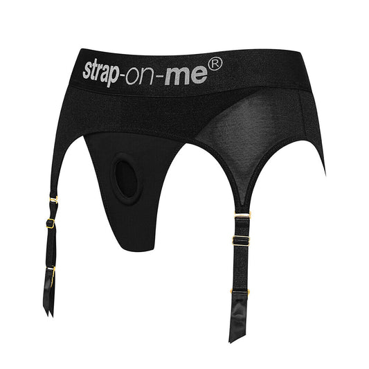 Small black 'rebel' style harness lingerie with strap for attaching a dildo.