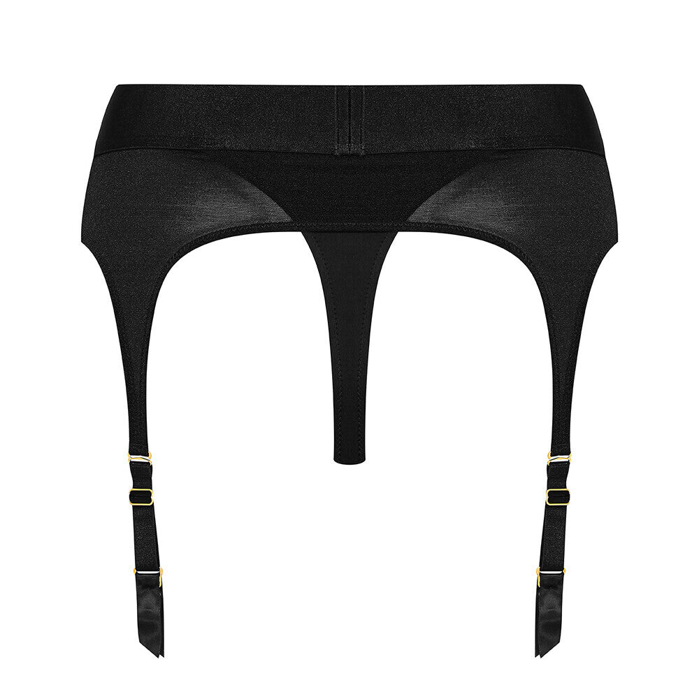 Black harness lingerie with adjustable straps designed to hold a strap on dildo.