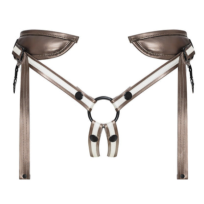 strap on me leatherette harness in black, for use with a strap on dildo.