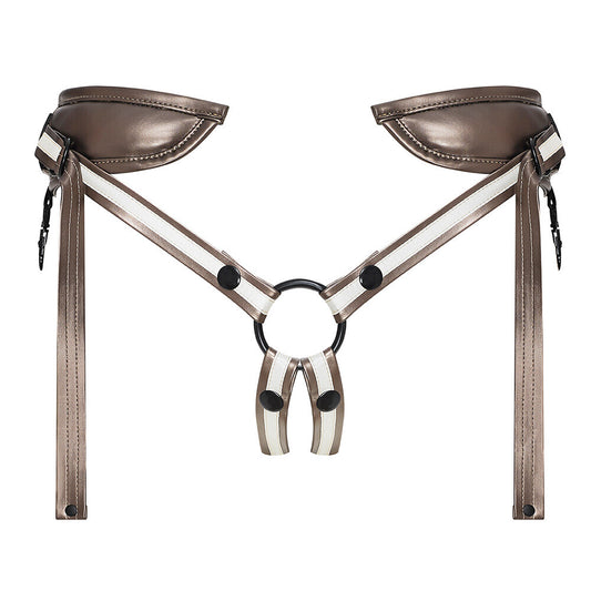strap on me leatherette harness in black, for use with a strap on dildo.