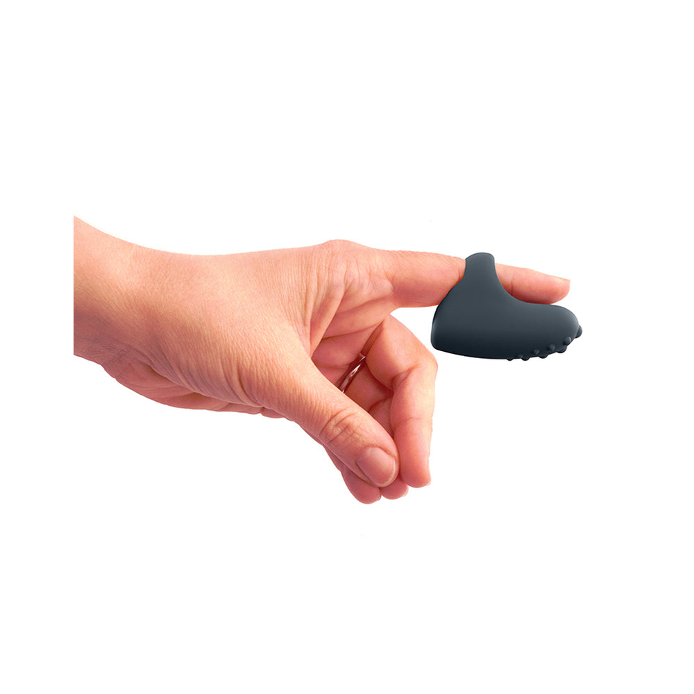 Close-up of a sleek, rechargeable finger vibrator for targeted pleasure, showcasing its smooth finish and ergonomic design.