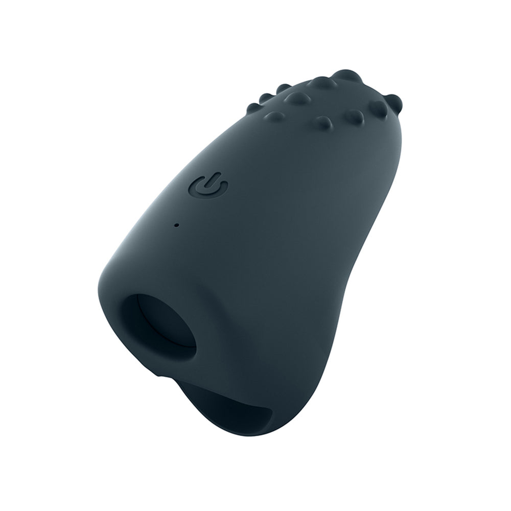 Close-up of a sleek, rechargeable finger vibe with a textured tip for targeted stimulation.