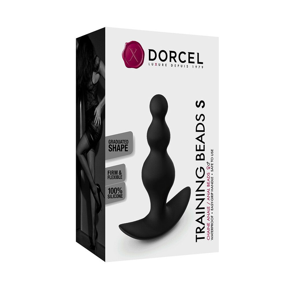 Small, graduated anal beads training set for pleasure play, made of smooth, shiny material.