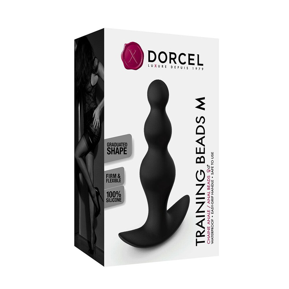 Graduated set of smooth, medium-sized anal beads for training, with a looped handle.
