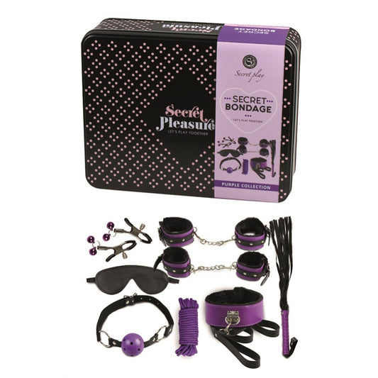 Black and purple bondage kit from various toy brands with restraints, ropes and blindfold.