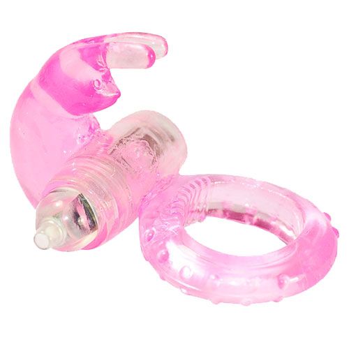A pink, jelly-like vibrating cock ring shaped like a rabbit's head, a love ring vibrator.