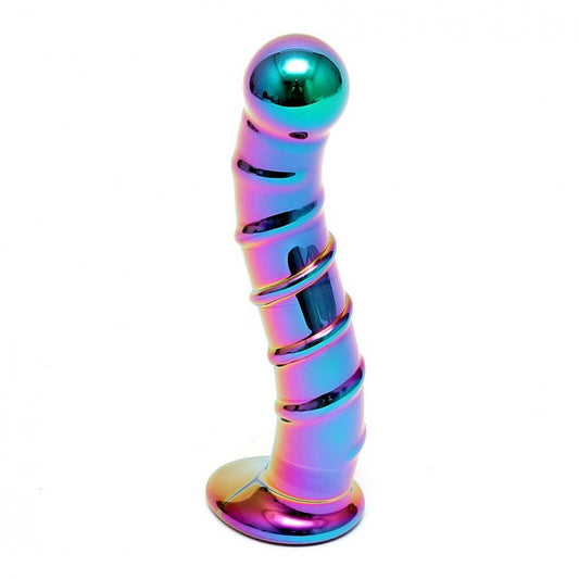 Multi-coloured glass nikita dildo from rimba, featuring sensual swirls and a smooth finish.