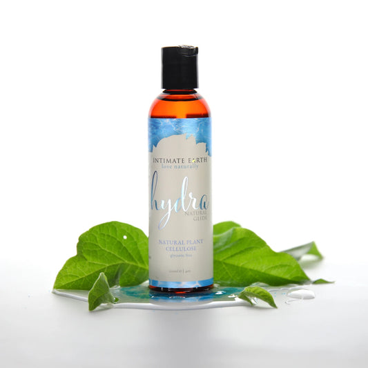Intimate Earth Hydra personal lubricant, a clear gel in a small 60ml bottle.
