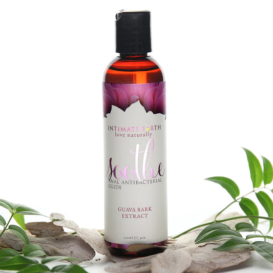 Intimate Earth soothe anal lube, guava bark scented in a 120ml bottle for comfort.