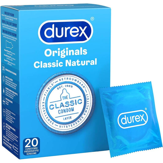 Durex Originals Classic condoms, natural latex rubber, regular fit, twenty pack box