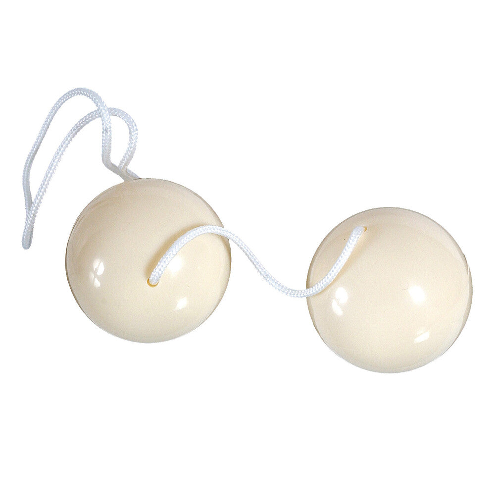 seven creations duoballs in white, smooth material, orgasm balls designed for pleasure.
