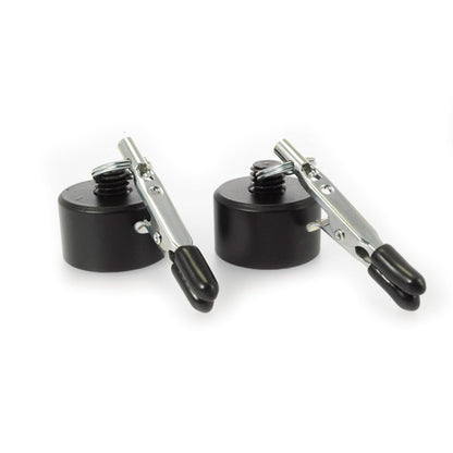 rimba nipple clamps with silver-tone finish and adjustable screws and 100 gram weights attached.