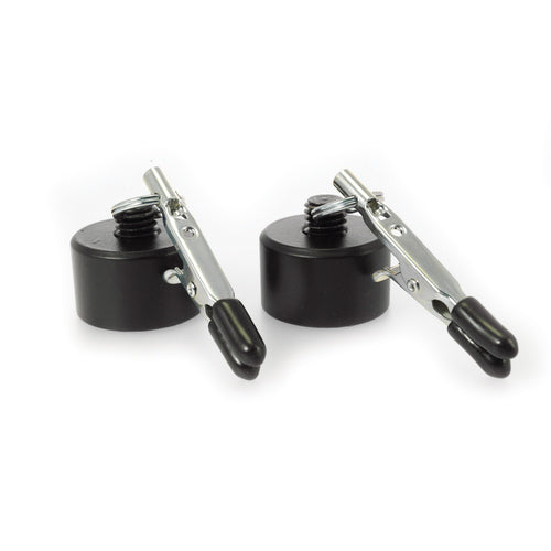 rimba nipple clamps with silver-tone finish and adjustable screws and 100 gram weights attached.