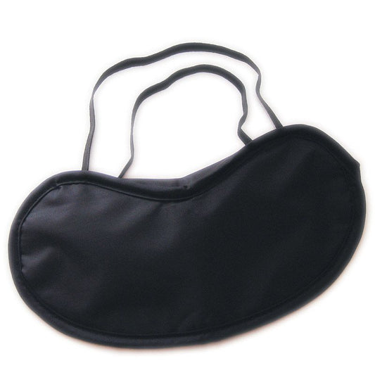 Close-up of a silky black eye mask for sleeping or adding a touch of fun.