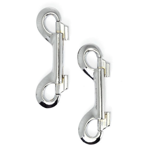 Rimba double snap hooks, silver-toned metal restraints with a polished finish, ideal for secure connections.
