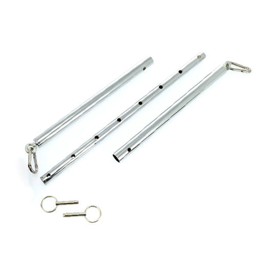 Rimba spreader with carabiner hooks, restraints with a metallic silver finish for playful use.