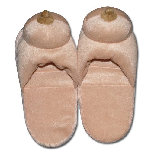 You2Toys boob slippers, fleshy pink novelty footwear for lounging, a bit cheeky, very comfy.