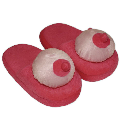 A pair of fluffy, bright pink boob-shaped slippers from you2toys, a funny novelty gift idea.