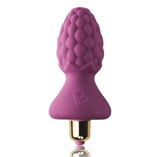 Raspberry-coloured, smooth silicone butt plug with a tapered shape and seven vibration settings.