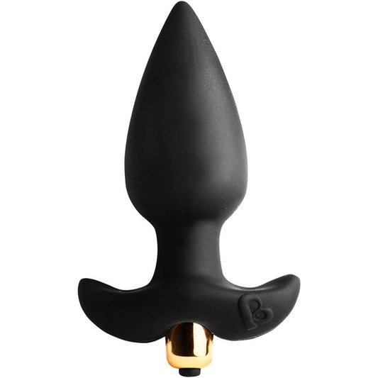 Rocks Off butt throb vibrator with seven speeds, black silicone, for anal pleasure.