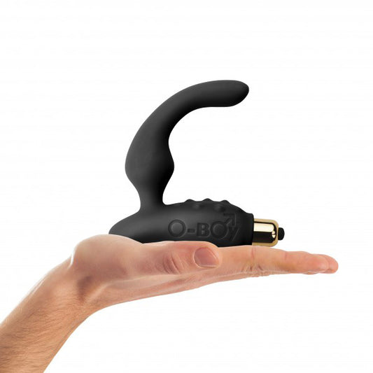 Rocks Off OBoy 7 prostate massager in black, showcasing its curved design and smooth finish.