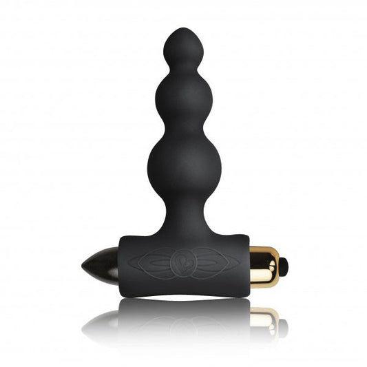 Black silicone butt plug from Rocks Off, petite size with bubble detailing for added sensation.