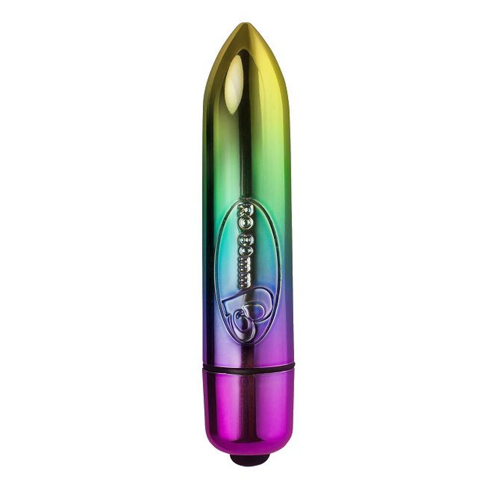 rainbow coloured rocks off bullet vibrator, metal with a smooth, sleek finish.